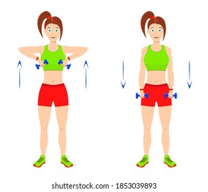 Exercise at home. Young curvy girl doing exercises with dumbbells for arm muscles.