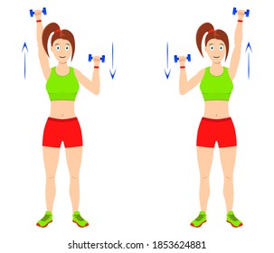 Exercise at home. Young curvy girl doing exercises with dumbbells for arm muscles. Strengthening the deltoid and trapezius muscles. Vector illustration for web sites and mobile apps.