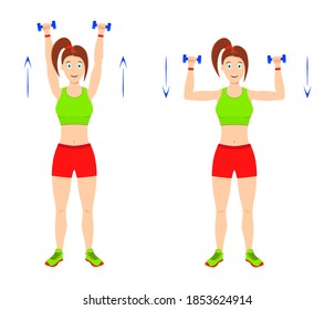Exercise at home. Young curvy girl doing exercises with dumbbells for arm muscles. Strengthening the deltoid and trapezius muscles. Vector illustration for web sites and mobile apps.