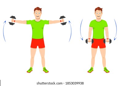 Exercise at home. Young handsome guy doing exercises with dumbbells for arm muscles.