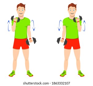 Ejercicio en casa. Joven y apuesto tipo haciendo ejercicios con dumbombantes para los músculos del brazo. Fortalecer los bíceps y mejorar la fuerza de agarre. Ilustración vectorial para sitios web y aplicaciones móviles.
