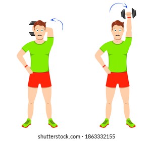 Ejercicio en casa. Joven y apuesto tipo haciendo ejercicios con dumbombantes para los músculos del brazo. Fortalecer los triceps y mejorar la fuerza de agarre. Ilustración vectorial para sitios web y aplicaciones móviles.