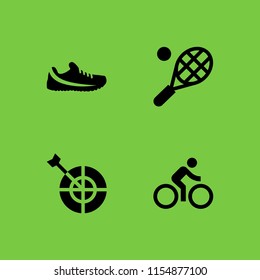 exercise icon. 4 exercise set with tennis, bike, sports and competition and trail running shoe vector icons for web and mobile app