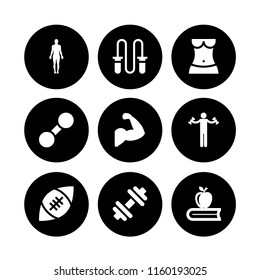 exercise icon. 9 exercise set with dumbbell, gym, standing human body silhouette and sports and competition vector icons for web and mobile app