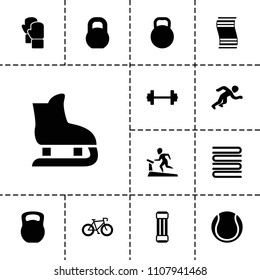 Exercise icon. collection of 13 exercise filled icons such as barbell, kettle, running, expander sport, bicycle, towels, treadmill. editable exercise icons for web and mobile.
