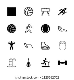 Exercise icon. collection of 16 exercise filled and outline icons such as carpet, bodybuilder, barbell, volleyball, ice skate. editable exercise icons for web and mobile.