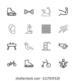 Exercise icon. collection of 16 exercise outline icons such as towels, child bicycle, barbell, ice skate, yoga, ice skating. editable exercise icons for web and mobile.