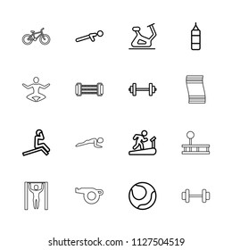 Exercise icon. collection of 16 exercise outline icons such as barbell, boxing bag, volleyball, man on treadmill, push up. editable exercise icons for web and mobile.