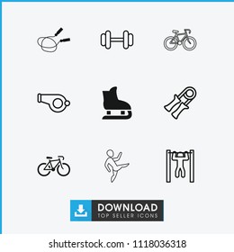 Exercise icon. collection of 9 exercise filled and outline icons such as jump rope, sport expander, whistle, barbell. editable exercise icons for web and mobile.