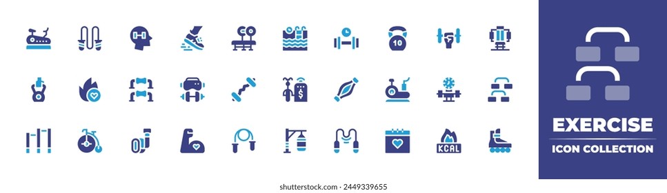 Exercise icon collection. Duotone color. Vector illustration. Containing exercise, workout, excercise, stationarybike, jumpingrope, pushups, powerlifting, virtualfitness, burning, dumbbells, training.