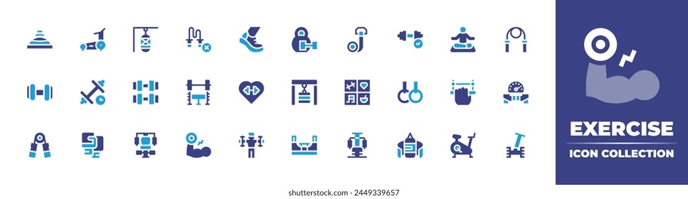 Exercise icon collection. Duotone color. Vector illustration. Containing gym, walking, treadmill, meditation, bench, exercise, boxinggloves, balanceball, physicalwellbeing, boxingbag, gymstation.
