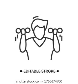 Exercise Icon. Man Avatar Lifting Dumb Bells Or Bars. Concept Linear Pictogram For Healthy Lifestyle, Fitness And Best Mind Focus And Self Development Practices. Editable Stroke Vector Illustration.