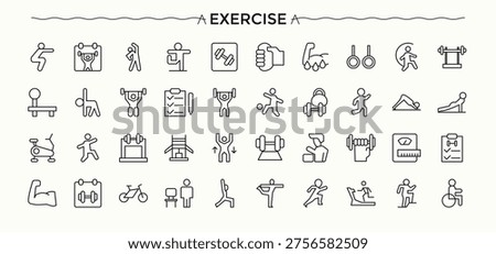 Exercise icon. Perfect for logos and infographic. Workout icon collection. Pictograms of activity, lifestyle, nutrition, fit, fitness and gym, diet and more.