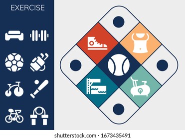 exercise icon set. 13 filled exercise icons.  Simple modern icons such as: Ball, Bike, Jumping rope, Baseball, Soccer ball, Golf, Gym, Dumbbell, Abs, Sneakers, Trampoline