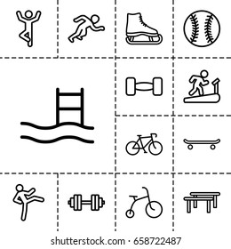 Exercise icon. set of 13 outline exerciseicons such as child bicycle, barbell, running, baseball, barbell   isolated, bicycle, horizontal bar, skating, man doing exercises