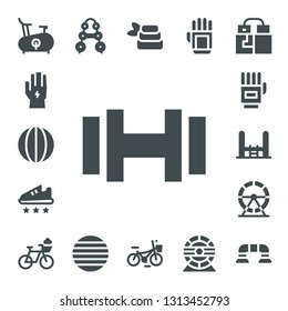 exercise icon set. 17 filled exercise icons.  Collection Of - Bike, Glove, Volleyball, Dumbbell, Sport shoe, Gloves, Trampoline, Hamster wheel, Bicycle, Barbell, Ball, Zen, Push up