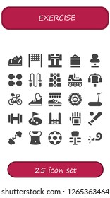  exercise icon set. 25 filled exercise icons. Simple modern icons about  - Sneakers, Volleyball net, Barbell, Punching ball, Punching bag, Dumbbell, Jumping rope, Roller skate