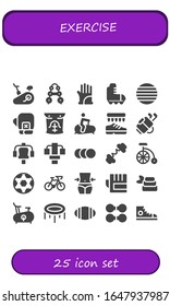 exercise icon set. 25 filled exercise icons. Included Stationary bike, Barbell, Gloves, Roller skate, Ball, Boxing gloves, Abs, Shoes, Golf, Gym station, Balls, Bike, Bicycle icons