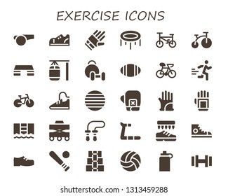 exercise icon set. 30 filled exercise icons.  Collection Of - Whistle, Sneakers, Gloves, Trampoline, Bicycle, Bike, Fitness step, Punching bag, Weightlifting, Rugby, Runner, Sport shoes