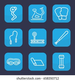 Exercise icon. set of 9 outline exercise icons such as exercise bike, skipping rope, baseball bat, expander sport, fintess equipment, boxing gloves, man doing exercises