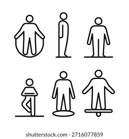 Übungssymbolsatz. Symbol für die Körperausgleichslinie. Yoga-Bewegung, Fitness-Posen, Trainingsaktivität auf weißem Hintergrund.