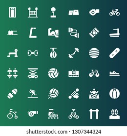 exercise icon set. Collection of 36 filled exercise icons included Ball, Pull up, Bicycle, Roller skate, Whistle, Yoga, Fitness, Volleyball, Running, Dumbbell, Shoe, Bike, Pool