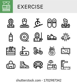 exercise icon set. Collection of Slimming belt, Taekwondo, Athlete, Rope biking, Sneakers, Weighlifter, Punching bag, Medical tape, Fencer, Running shoes, Exercise, Swimming pool icons