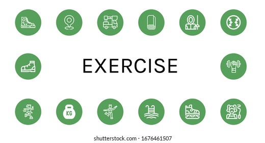 exercise icon set. Collection of Sneakers, Golf, Lifter, Roll, Fencer, Baseball, Ice skate, Kettlebell, Zumba, Pool, Gymnast, Shoe, Dumbbell icons