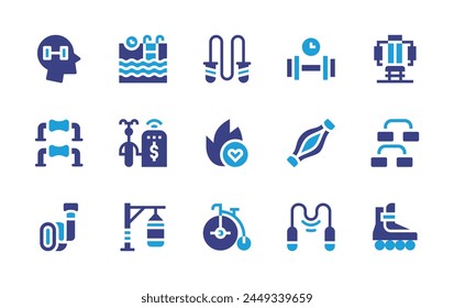 Exercise icon set. Duotone color. Vector illustration. Containing exercise, excercise, pushups, burning, jumpingrope, strap, muscle, bicycle, chest, parking, punchingbag, swimmingpool, skate.