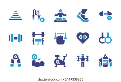 Exercise icon set. Duotone color. Vector illustration. Containing gym, walking, treadmill, meditation, bench, exercise, balanceball, physicalwellbeing, boxingbag, handgrip, strength, rings, pullup.