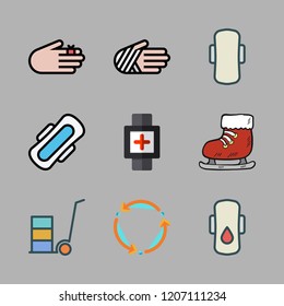 exercise icon set. vector set about injury, ice skate, compress and smartwatch icons set.