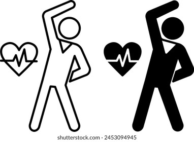 Iconos de ejercicio. Iconos vectoriales en blanco y negro del hombre haciendo ejercicios físicos. Corazón Pulsando. Estiramiento, Fitness, Deportes. Concepto de bienestar y estilo de vida saludable