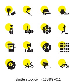 exercise icons. Editable 16 exercise icons. Included icons such as Bicycle, Volleyball, Pool, Crossword, Baseball, Runner, Well, Yoga, Ball, Hopscotch. exercise trendy icons for web.