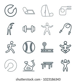 Exercise icons. set of 16 editable outline exercise icons such as exercising, exercise bike, skipping rope, expander sport, fintess equipment, horizontal bar, yoga, barbell