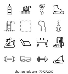 Exercise icons. set of 16 editable outline exercise icons such as barbell, boxing bag, man on treadmill, carpet, gym equipment, ice skating, treadmill, gymnastic apparatus