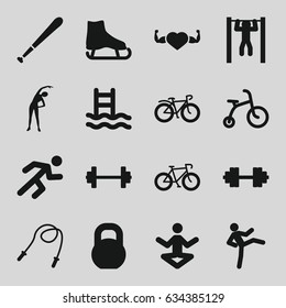 Exercise icons set. set of 16 exercise filled icons such as child bicycle, exercising, heart with muscles, bar   tightening, bicycle, barbell, running, baseball bat