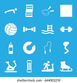 Exercise icons set. set of 16 exercise filled icons such as barbell, jump rope, exercise bike, carpet, skipping rope, barbell   isolated, volleyball, pool ladder