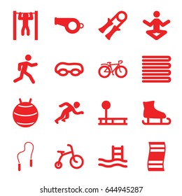 Exercise icons set. set of 16 exercise filled icons such as towels, child bicycle, running, bar   tightening, bicycle, skipping rope, pool ladder, sport expander