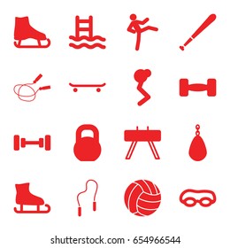 Exercise icons set. set of 16 exercise filled icons such as barbell, jump rope, skipping rope, baseball bat, volleyball, ice skate, fintess equipment, skating