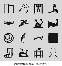 Exercise icons set. set of 16 exercise filled icons such as exercising, exercise bike, carpet, muscle, heart with muscles, bar   tightening, trampoline, running, skipping rope