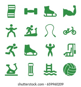 Exercise icons set. set of 16 exercise filled icons such as child bicycle, exercise bike, muscle, running, bodybuilder, barbell, volleyball, skipping rope, ice skate