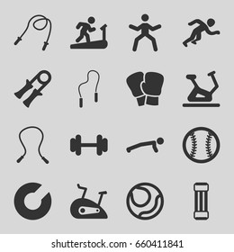 Exercise icons set. set of 16 exercise filled icons such as exercise bike, barbell, skipping rope, running, baseball, expander sport, sport expander, boxing gloves, volleyball