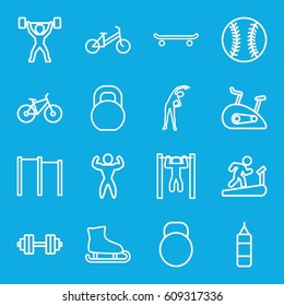 Exercise icons set. set of 16 exercise outline icons such as child bicycle, exercising, bar   tightening, barbell, bodybuilder, kettle, exercise bike, bicycle, power lifter