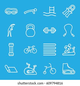 Exercise icons set. set of 16 exercise outline icons such as towels, child bicycle, exercising, exercise bike, barbell   isolated, expander sport, bicycle, sport expander
