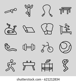 Exercise icons set. set of 16 exercise outline icons such as child bicycle, treadmill, barbell, push up, running, abdoninal workout, trampoline, gymnastic apparatus