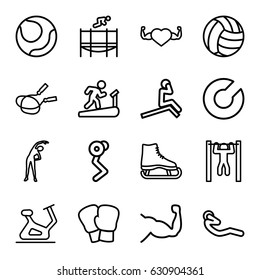 Exercise icons set. set of 16 exercise outline icons such as exercising, jump rope, exercise bike, muscle, heart with muscles, bar   tightening, abdoninal workout, trampoline