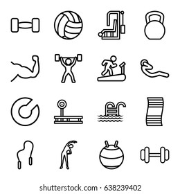 Exercise icons set. set of 16 exercise outline icons such as exercising, barbell, muscle, abdoninal workout, pool ladder, skipping rope, power lifter, volleyball, kettle bell