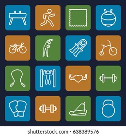 Exercise icons set. set of 16 exercise outline icons such as child bicycle, exercising, carpet, treadmill, heart with muscles, running, bar   tightening, bicycle, kettle