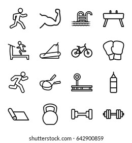 Exercise icons set. set of 16 exercise outline icons such as treadmill, barbell, jump rope, muscle, running, pool ladder, gymnastic apparatus, bicycle, barbell   isolated