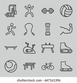 Exercise icons set. set of 16 exercise outline icons such as muscle, running, squat, gymnastic apparatus, exercise bike, barbell   isolated, volleyball, expander sport